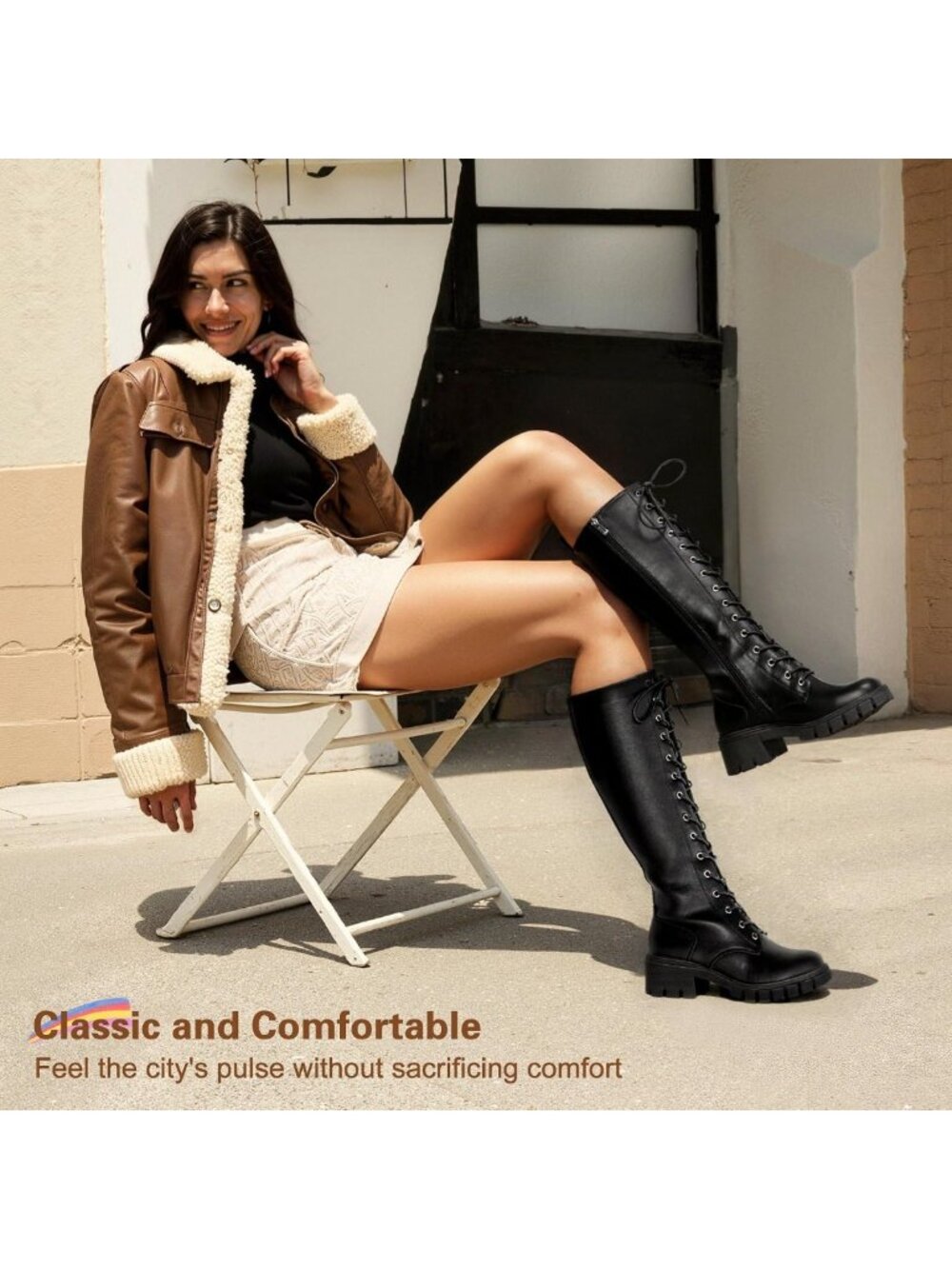 Lace-Up Chunky Heel Knee High Combat Boots | Comfortable Tall Goth Style for - Picture 2 of 9